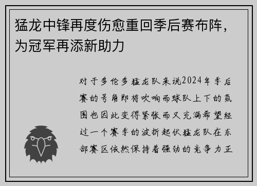 猛龙中锋再度伤愈重回季后赛布阵，为冠军再添新助力